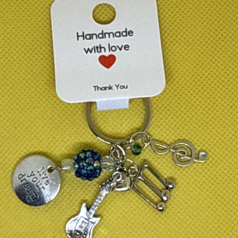 Music Theme Keychain Silver Blue Metal Beads Guitar Notes Detachable Keyring